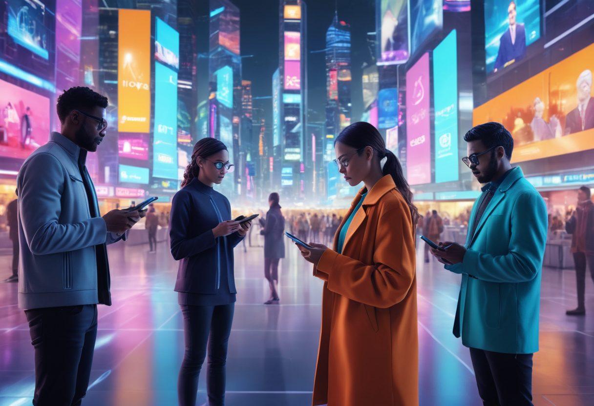 A futuristic scene depicting a diverse group of people using innovative mobile devices in various environments, showcasing holographic displays, augmented reality, and seamless connectivity. Incorporate elements like smart cities, vibrant tech-infused surroundings, and diverse app interfaces to convey the theme of mobile technology evolution. vibrant colors. super-realistic. dynamic composition.