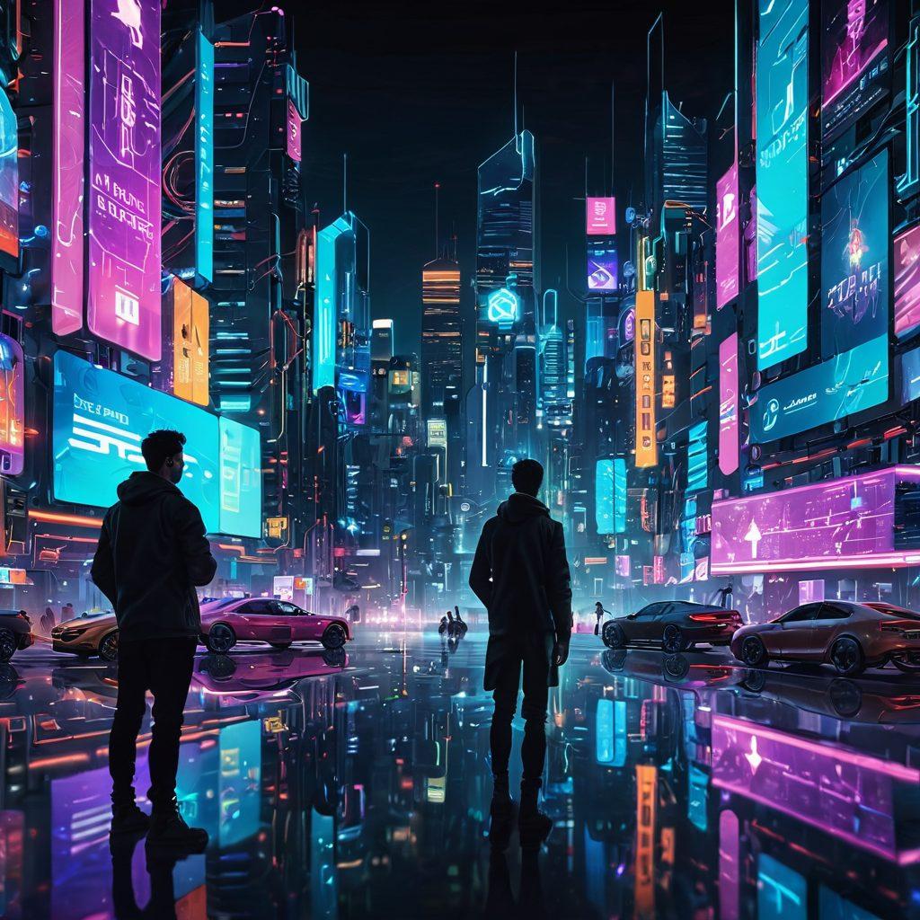 A futuristic city skyline with digital screens showcasing popular mobile apps, characters engaging with augmented reality features, a glowing smartphone displaying app icons, and a dynamic overlay of tech elements like circuits and data visuals. bright neon colors. cyberpunk aesthetic. 3D depth.