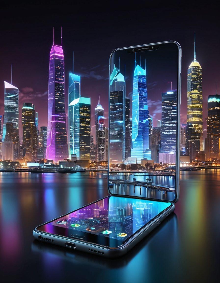 A futuristic smartphone glowing with holographic applications projected in 3D around it, showcasing cutting-edge technology like AI assistants, augmented reality, and health tracking features. The background features a sleek, modern city skyline reflecting innovation and progress. Bright neon colors emphasize the technological feel, while the smartphone stands out in sharp detail. super-realistic. vibrant colors. cyberpunk.